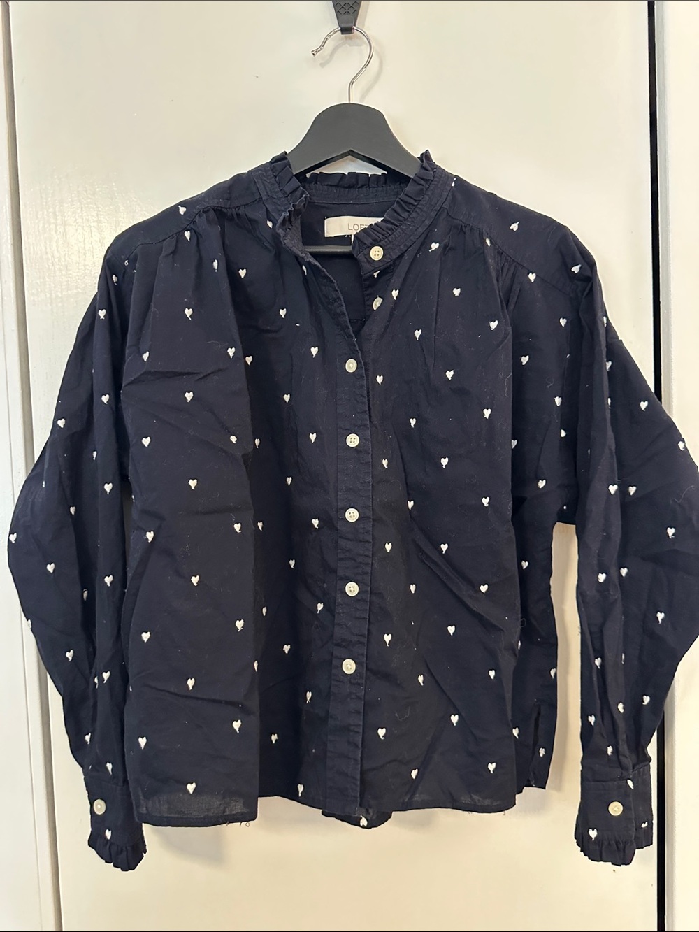 LOFT Navy Button-Front Heart Print Blouse